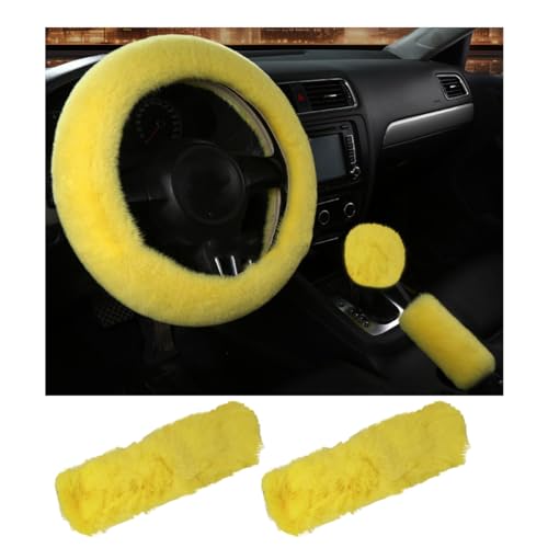 5 PCS Fluffy Steering Wheel Covers Set, Faux Wool Steering Wheel Cover & Handbrake Cover & Gear Shift Cover & 2 Seat Belt Shoulder Pads, Universal Car Accessories (Yellow) - color: Yellow