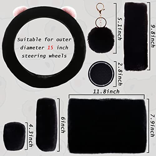 9 Pack Cute Bear Fluffy Steering Wheel Cover with Furry Gear Cover,Handbrake Cover,Seat Belt Pad,Armrest Pad,Bling Car Coaster and Fur Key Chain for Women Girls (Black) - color: Black
