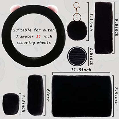 9 Pack Cute Bear Fluffy Steering Wheel Cover with Furry Gear Cover,Handbrake Cover,Seat Belt Pad,Armrest Pad,Bling Car Coaster and Fur Key Chain for Women Girls (Black) - color: Black