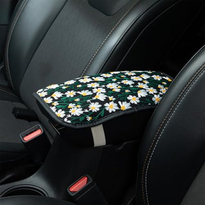 Embroidered Flowers Black Cute Daisy Car Armrest Storage Box Mat,Embroidered Car Center Console Cover, Car Armrest Seat Box Cover Accessories Interior Protection for Most Vehicle, SUV, Truck, Car