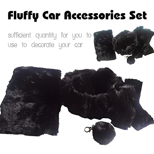 7 Pieces Fluffy Car Accessories Set, Cute Fluffy Steering Wheel Cover Set Faux Wool Seatbelt Shoulder Pads Auto Center Console Armrest Pads Fuzz Handbrake Cover Gear Shift Cover Furry Keychain(Black) - color: Black