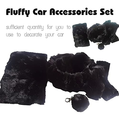 7 Pieces Fluffy Car Accessories Set, Cute Fluffy Steering Wheel Cover Set Faux Wool Seatbelt Shoulder Pads Auto Center Console Armrest Pads Fuzz Handbrake Cover Gear Shift Cover Furry Keychain(Black) - color: Black