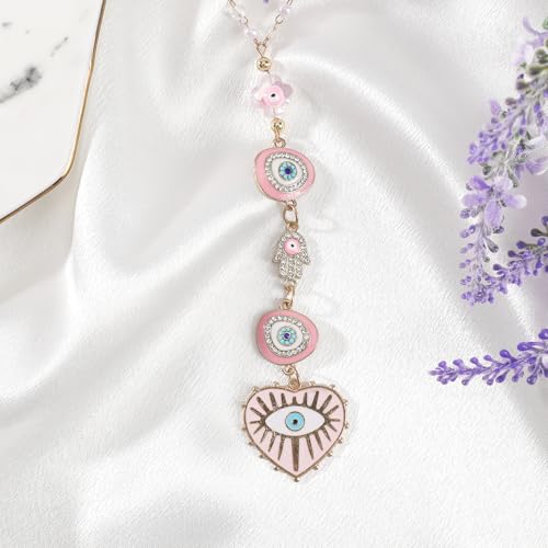 Pink Evil Eye Car Charm - Heart Evileye Rear View Mirror Hanging Ornament for Women, Suncatcher Car Accessory, Aesthetic Beaded Lanyards for Cars Window Balcony Decor - style: Pink Evil Eye