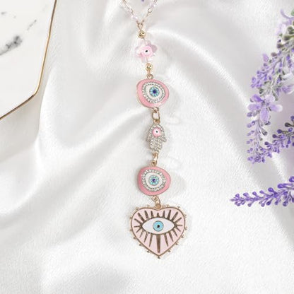 Pink Evil Eye Car Charm - Heart Evileye Rear View Mirror Hanging Ornament for Women, Suncatcher Car Accessory, Aesthetic Beaded Lanyards for Cars Window Balcony Decor - style: Pink Evil Eye