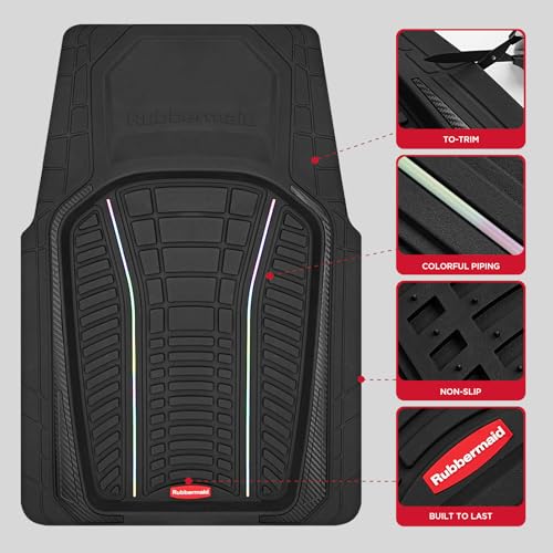 Rubbermaid Car Floor Mats Full Set – Premium All-Weather Car Mat with Brushed Aluminum Inserts, Universal Trim-to-Fit Design, Anti-Slip Backing for Cars, SUVs, Trucks, and Vans - color: Black