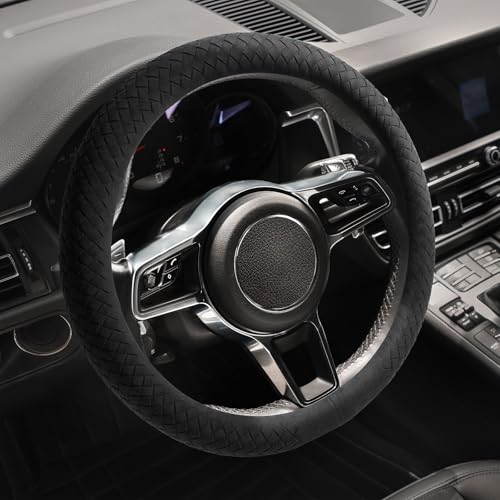 Suede Steering Wheel Cover with Upgraded Silicone Inner Ring, Breathable, Anti-Slip, Leather Universal 14.5 to 15 Inch Steering Wheel Cover (Black with Handwoven Craft) - style: Black with Handwoven Craft