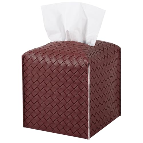 Tissue Box Cover PU Leather Tissue Holder Square Facial Tissue Case Facial Paper Organizer Dispenser for Bathroom, Vanity Countertop, Car, Dark red - color: Dark Red, size: square