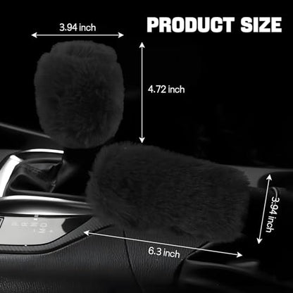Hovom 2PCS Fluffy Car Gear Shift Knob Cover & Handbrake Cover, Soft Plush Hand Brake Handle & Gear Shift Cover for Women Girls, Universal Comfortable Warm Furry Car Accessories (Black)