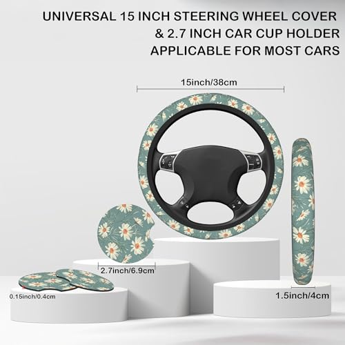 White Daisy Steering Wheel Cover with 2 Pcs Car Coasters Neoprene Steering Wheel Cover for Women Men Anti-Slip Breathable Car Accessories Universal 15 Inch Fit Auto Cars Trucks - color: White Daisy
