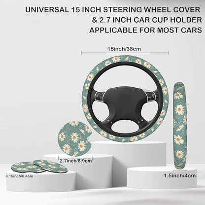 White Daisy Steering Wheel Cover with 2 Pcs Car Coasters Neoprene Steering Wheel Cover for Women Men Anti-Slip Breathable Car Accessories Universal 15 Inch Fit Auto Cars Trucks - color: White Daisy