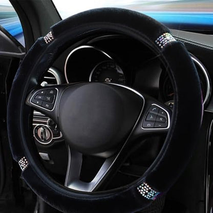 LABBYWAY Plush Steering Wheel Cover with Bling Bling Crystal Rhinestone, Universal 15 Inch Elastic Fluffy Steering Wheel Accessories for Women Girls, Black - color: Black