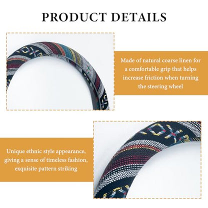 Boho Steering Wheel Cover, 15 Inch Coarse Flax Cloth Ethnic Style Anti-Slip Car Wheel Wrap, Universal Breathable Bohemian Steering Wheel Protector for Cars Vans Trucks (D) - color: D