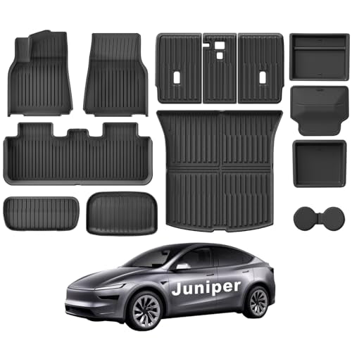 Weize 2025 2026 Tesla Model Y Juniper All Weather Cargo Liner Floor Mats 9 PCS & Double Layer Center Console Organizer 4 PCS, Full Coverage Tesla Interior Accessories Kit(Not for Standard) - style: Tesla Model Y Floor Mats & Console Organizer Combo 13PCS