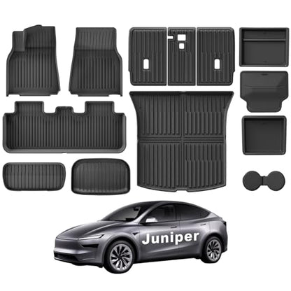 Weize 2025 2026 Tesla Model Y Juniper All Weather Cargo Liner Floor Mats 9 PCS & Double Layer Center Console Organizer 4 PCS, Full Coverage Tesla Interior Accessories Kit(Not for Standard) - style: Tesla Model Y Floor Mats & Console Organizer Combo 13PCS