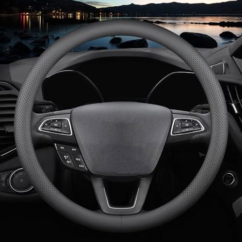 HAOTULE New Nappa Leather car Steering Wheel Cover，for Car Truck SUV 15 inch (Black) - color: Black-2