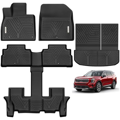 YITAMOTOR Floor Mats for 2020-2025 Kia Telluride 7/8 Passenger, All Weather TPE Rubber Mat, Custom Fit Kia Telluride Accessories Floor Liners Full Set, 1st & 2nd & 3rd Row & Backrest Mat & Cargo Liner - style: 20-25 Kia Telluride 7/8 Seater| Full Set
