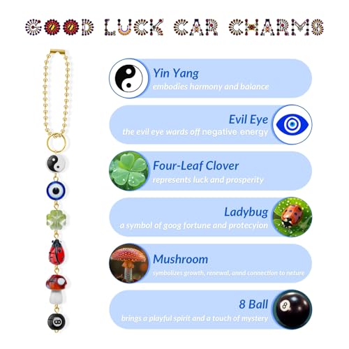 Evil Eye Car Hanging Ornament, Cute Car Charm for Rear View Mirror, Good Luck Decor with Four-Leaf Clover, Ladybug, 8 Ball, Mushroom, Yin Yang Symbo, and Boho Car Accessories