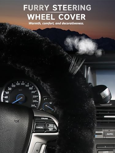 Warm Steering Wheel Cover with Handbrake Cover & Gear Shift Cover, Soft Fazzy Steering Wheel Wrap Faux Wool Fluffy for Winter 3 Pcs1 Set Fit Most of Car(Black) - color: black