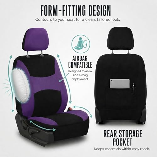 FH Group Full Set Car Seat Covers Cloth, Universal Fit combo, Set with Steering Wheel Cover and Seat Belt Pad fits Most Cars, SUVs, Trucks Purple - color: Purple