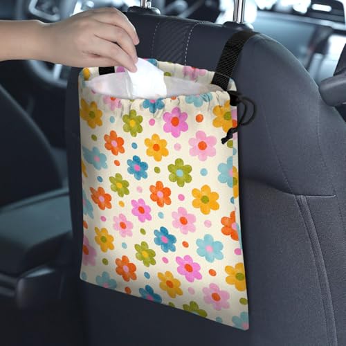 Car Trash Bag Hanging Back of Seat Waterproof Small Cute Printed One-Handed Strap Drawstring Garbage Bags for Car-Flower - color: Flower Car Trash Bag