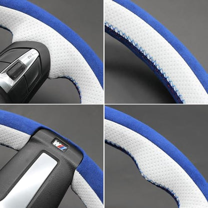 MEWANT Hand-Stitched Steering Wheel Cover for BMW (M Sport) F22 F23 F30 F34 F32 F33 F36 F10 F07 F12 F13 F06 F39 F25 F26 F15 F16, DIY Custom Fit Steering Wheel Wrap for BMW - color: 15:3D blue IT-ALCAN & white leather