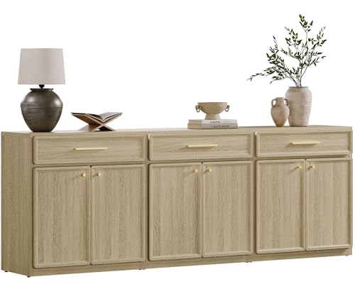 SICOTAS Buffet Cabinet with Storage Tall Modern Accent Storage Cabinet with Doors and Shelves 90 inch Wide Wooden Sideboard Credenza Buffets Console Table Coffee Bar for Kitchen Dining Living Room - color: Light Oak, size: 3 Pieces