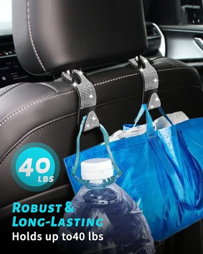 Sparkling Car Seat headrest Hooks, 4 Pack, White Purse Holder for Car Headrest, Chic Automotive Accessories for Women Essentials Handbag Clothes Coats Grocery Bags - color: White Diamond