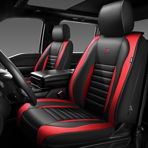 CAR PASS Nappa Leather Car Seat Covers Front Seats, Luxury Seat Protector for Cars, Waterproof Anti-Slip Seat Cushion Armrest Compatible Airbag Universal for Sedan SUV Pick-up Truck Auto, Black Red