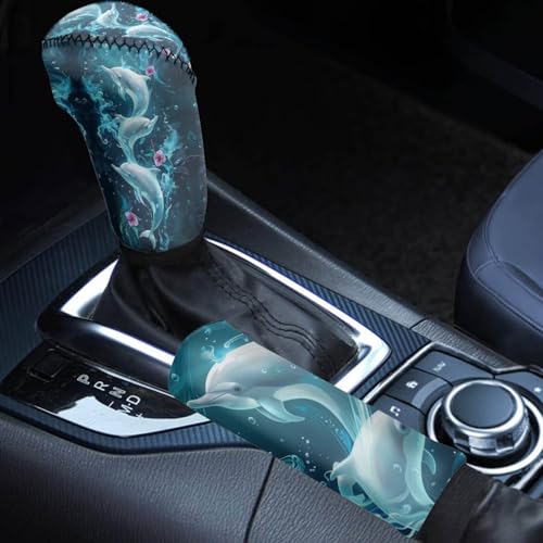 Dolphin Flower Print 2 Pcs Car Handbrake Cover Gear Shift Knob Cover Set, Smooth Breathable Car Gear Shift Knob Protector with Handbrake Protector, Fashion Auto Interior Accessories - color: Dolphin Flower - Blue and Pink