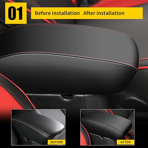 AOMSAZTO Leather Armrest Cushion for 2019-2015 Hyundai Sonata Black with Red Stiches - color: red stiches