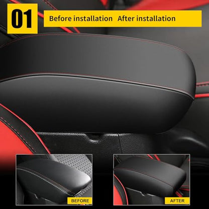 AOMSAZTO Leather Armrest Cushion for 2019-2015 Hyundai Sonata Black with Red Stiches - color: red stiches