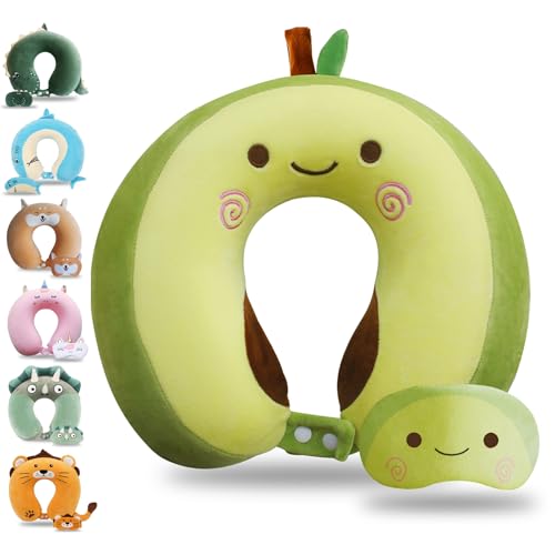 Cute Travel Pillow with Sleep Eye Mask Cartoon Headrest & Neck Pillow for Kids Boys & Girls, Teens, Travel Accessories for Airplane, Car, Recline, Home Use Memory Foam Flight - Green Avocado - color: Green Avocado