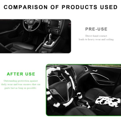 4 PCS Cow Print Car Accessories Set, Fluffy Cow Print Plush Steering Wheel Cover, Gear Shift Cover, Warm Fuzzy Console Armrest Pad & Handbrake Cover, Car Decoration Accessories