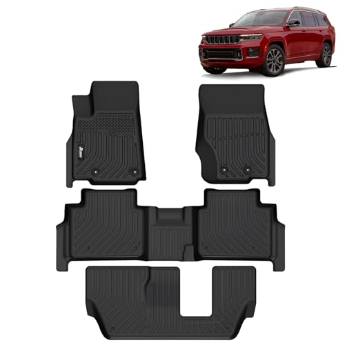 FREEMOTOR802 Compatible with 2021-2025 Jeep Grand Cherokee L 7 Seats Floor Mats, Black Car Auto TPE 3D Molded Carpets Liner Front Rear Row All Weather 4PC Set Protector - size: For Jeep Grand Cherokee L 7 Seats 2021-2025