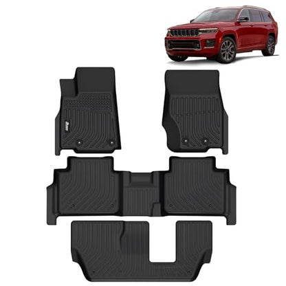 FREEMOTOR802 Compatible with 2021-2025 Jeep Grand Cherokee L 7 Seats Floor Mats, Black Car Auto TPE 3D Molded Carpets Liner Front Rear Row All Weather 4PC Set Protector - size: For Jeep Grand Cherokee L 7 Seats 2021-2025