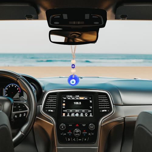 COMNICO Evil Eye Car Hanging Ornament, Classic Blue Evil Eye Beaded Charms Rear View Mirror Pendent Decor Car Accessories for Window Door Wall - style: Wooden beads