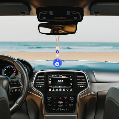 COMNICO Evil Eye Car Hanging Ornament, Classic Blue Evil Eye Beaded Charms Rear View Mirror Pendent Decor Car Accessories for Window Door Wall - style: Wooden beads