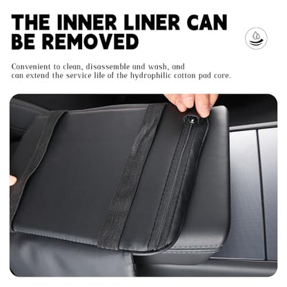 Car Armrest Cover for Car, Nappa Leather Center Console Armrest Pad with Side Storage Pockets, Breathable Non-Slip Auto Arm Rest Cushion, Universal Fit for Most Cars Tesla Model Y