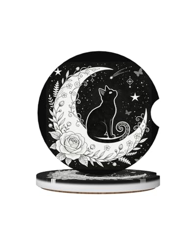 Car Cup Holder Coasters, 2 Pcs Ceramic Coasters with Cork Back and Finger Slot, Anti-Slip Shock Absorbing Woman and Men Universal Car Accessories - Lunar Cat - color: Lunar Cat