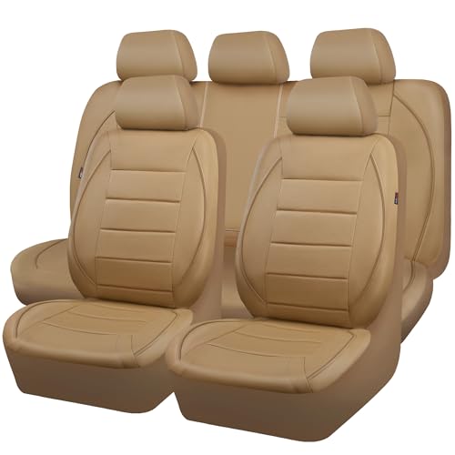 CAR PASS Piping Leather Seat Cover,Universal FIT with Composite Sponge Inside,Airbag Compatible and Reserved Opening Holes,Inside zipper for Cars,Sedan,SUV,Truck(Full Set,Beige with Tan Piping-Stripe) - color: Beige with Tan Piping-Stripe