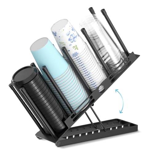 Adjustable Coffee Cup and Lid Holder,4 Compartment Metal Countertop Disposable Cup Dispenser Organizer for Coffee Bar Station Home Office Breakroom(Black)