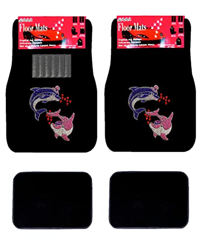 Universal Fit Car Truck Front/Rear 4-Piece Full Set Crystal Bling Rhinestone Design Studded Black Carpet Floor Mats (Dolphin-Black) - color: Dolphin-Black