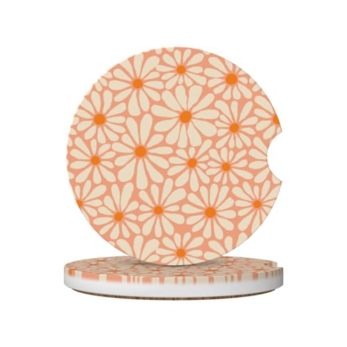 Orange Floral Car Coasters for Cup Holders,2 Pack Car Cup Holder Coasters for Car,Ceramic Absorbent Car Coaster with A Finger Notch and Cork Base,Car Interior Accessories for Women Men - color: Orange Floral