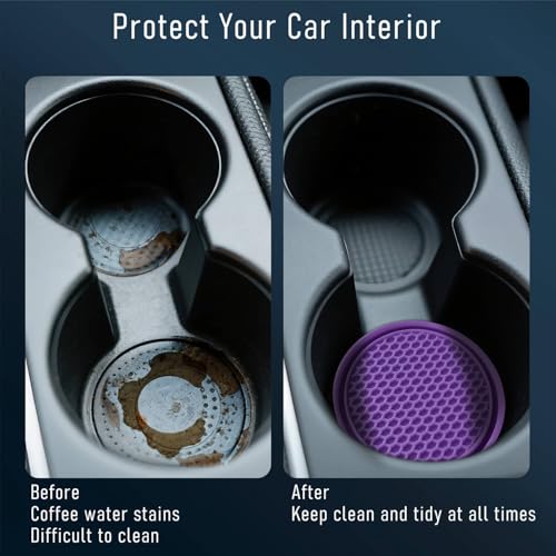 Car Cup Holder Coaster 4 Pack - Non Slip & Shockproof,Flexible PVC Rubber Insert for Car/Truck/SUV/Van (2.75"x0.2") Universal Fit Auto Cup Holders Accessories for Women and Man (Purple) - color: Purple