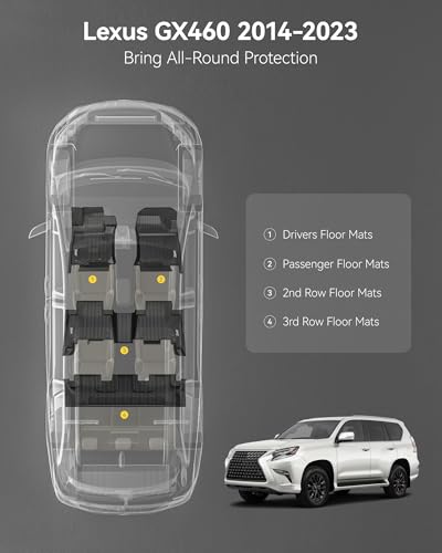 3W Floor Mats for Lexus GX460 2014-2023 (only for 7 seat), TPE All Weather Custom Fit Floor Liner 1st, 2nd&3rd Rows Car Mats, Black - size: 4.For Lexus GX460 | 10-23 | 1st-3rd Row