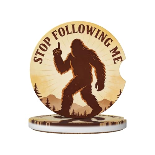 Stop Following Me Bigfoot 2 Pack Car Cup Holder Coasters Absorbent Ceramic Drink Coasters 2.56" Universal Anti Slip Cup Mat with Cork Base Finger Notch Auto Accessories Interior for Women Men - color: Purple