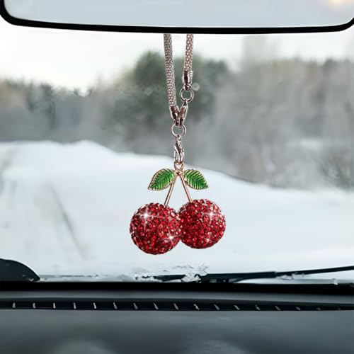 Bling Cherry Car Rear View Mirror Charm, Rhinestone Auto Rearview Mirror Pendant Ornament, Sparkly Diamond Hanging Decoration, Lucky Vehicle Interior Accessory for Women (Red) - color: Red
