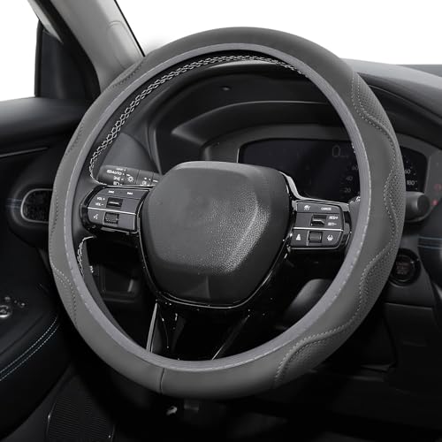 Leather Car Steering Wheel Cover, Universal 15 inch Microfiber Leather Steering Wheel Cover, Anti-Slip Breathable Steering Wheel Decoration, Steering Wheel Accessories for Women Men - color: Damaskeen Gray