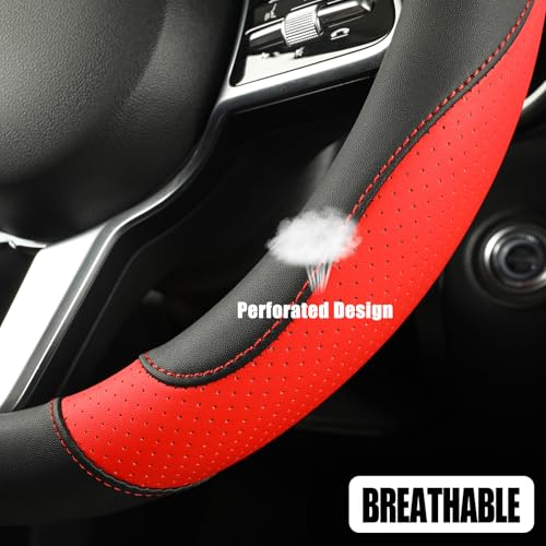 Microfiber Leather D Shaped Steering Wheel Cover, Breathable, Anti Slip, Universal 15 inch, Black with Red - color: Black Red, size: D Shape-Middle[14.5''-15'']