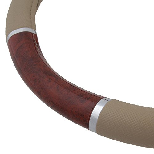 BDK Dark Wood Grain Car Steering Wheel Cover, Standard 15 inch with Beige Faux Leather Grip, Made to Fit Most Auto Truck Van SUV - color: #1-Beige / Dark Wood, size: Fits 14.5 - 15" SW